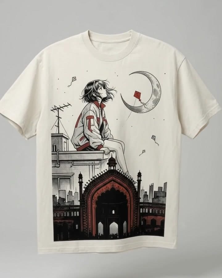 Rooftop Tee in Bone, front, floating. Nawaweeb Sumi-e clan